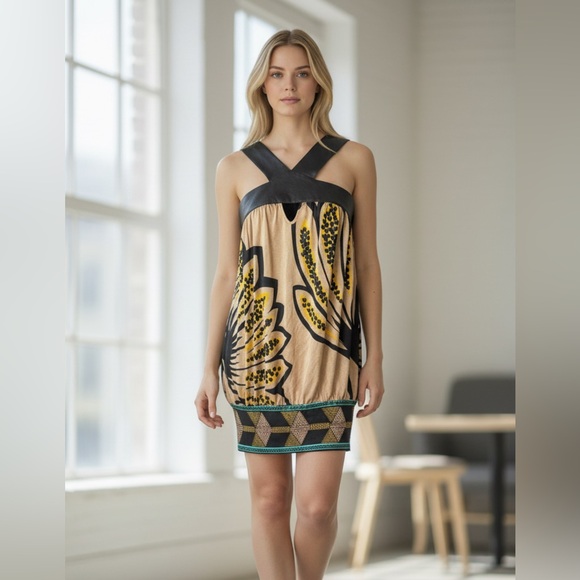 Guess by Marciano Dresses & Skirts - Marciano Silk and Leather halter Floral Black and Tan Dress